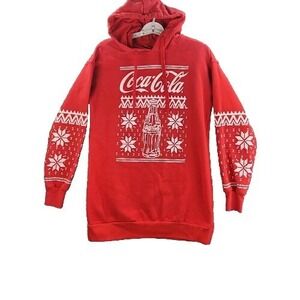 VTG Coca Cola Sweater Red White‎ Womens XS Pullover Hoodie Christmas Drawstrings